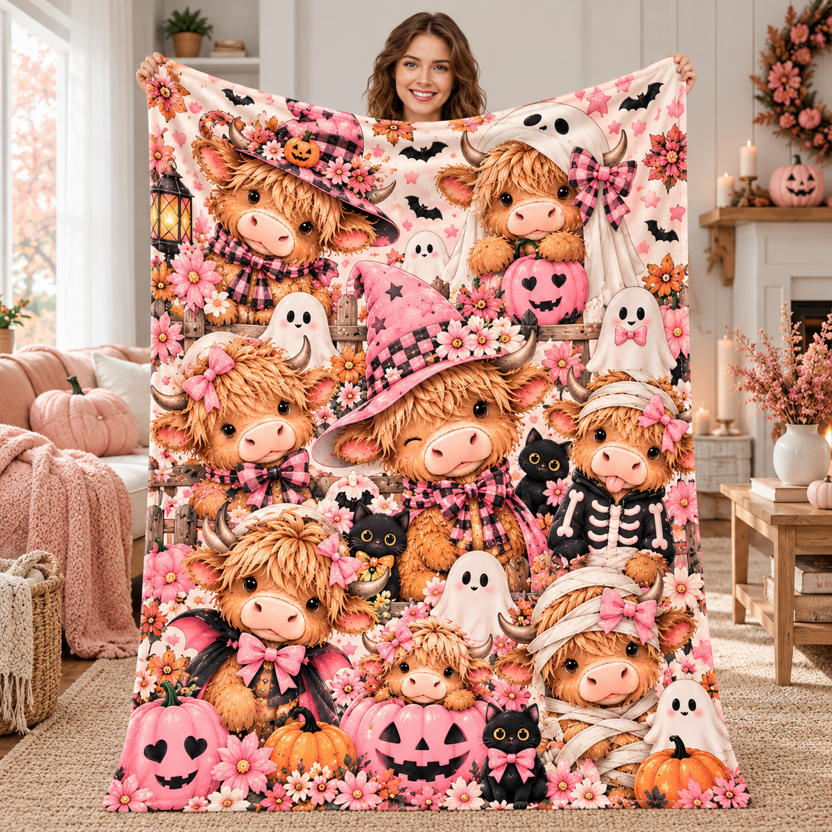 Twefex Pink Halloween Highland Cow Blanket, Soft Flannel Throw for Couch and Bed, Fall Decor Gift for Cow Lovers