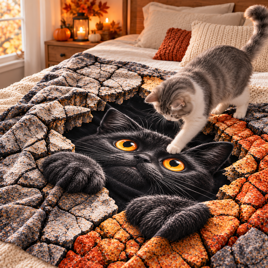 Twefex 3D-Effect Black Cat Blanket, Soft Flannel Throw with Cute Kitten and Cracked Stone Print for Couch and Bed, Cat Lover Gift