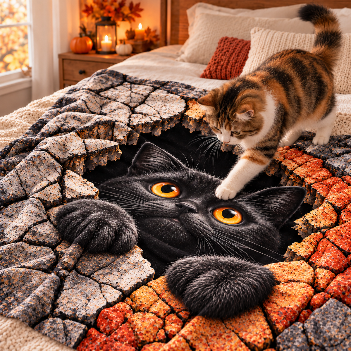 Twefex 3D-Effect Black Cat Blanket, Soft Flannel Throw with Cute Kitten and Cracked Stone Print for Couch and Bed, Cat Lover Gift