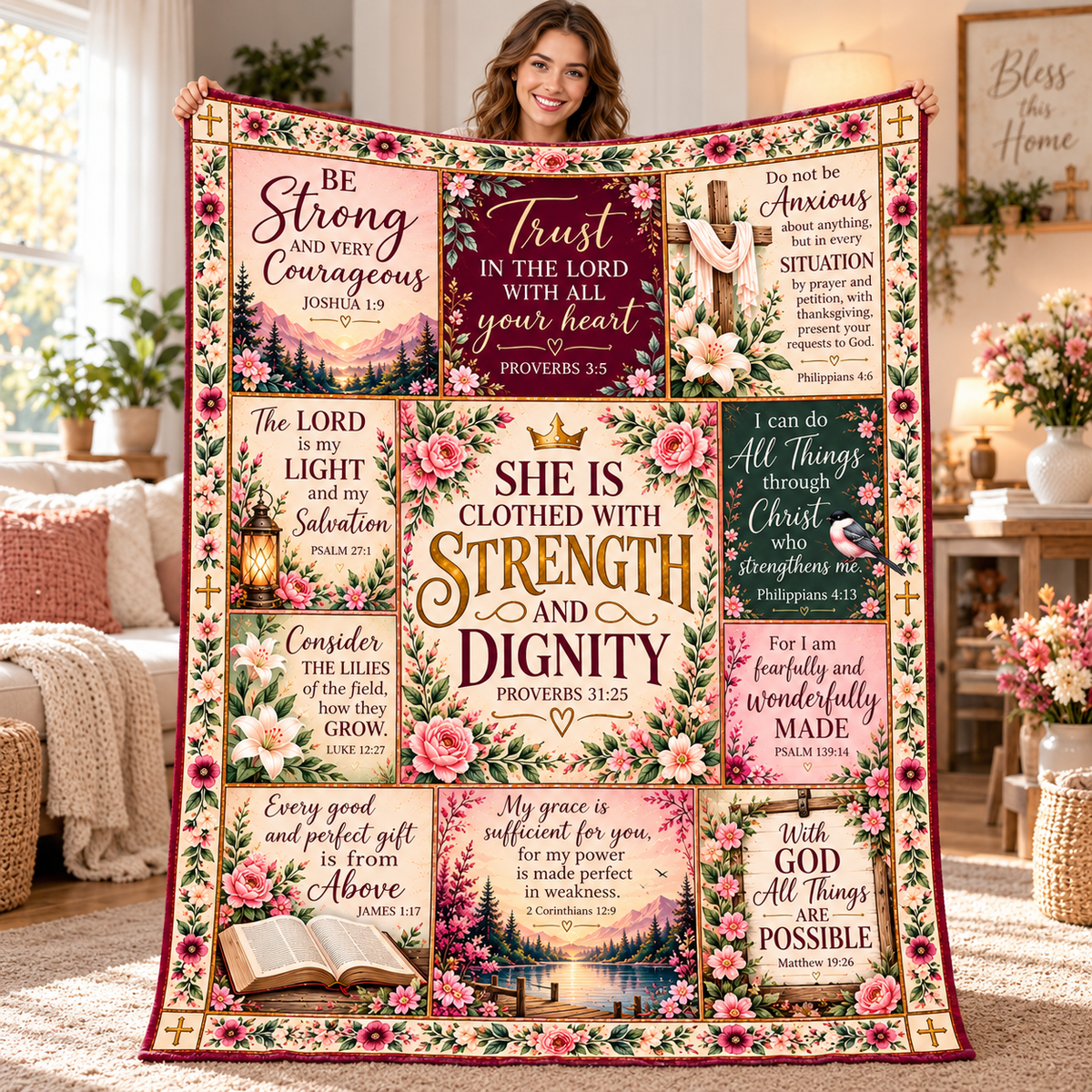 Twefex Christian Bible Verse Blanket, Soft Floral Flannel Throw with Proverbs 31:25, Inspirational Faith Gift for Women