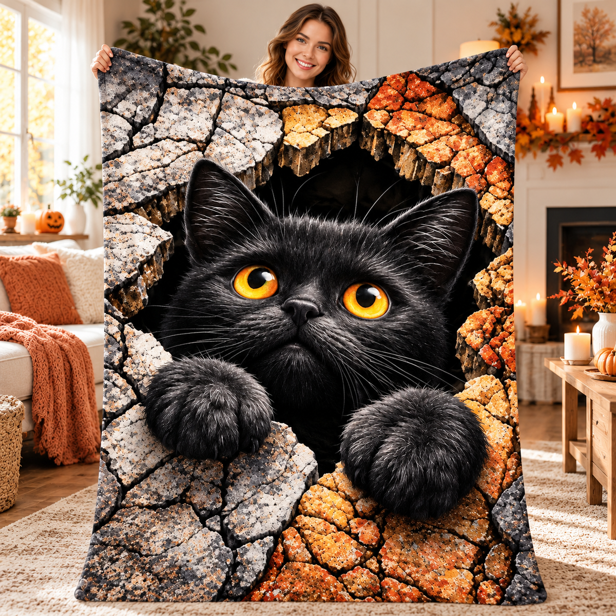 Twefex 3D-Effect Black Cat Blanket, Soft Flannel Throw with Cute Kitten and Cracked Stone Print for Couch and Bed, Cat Lover Gift