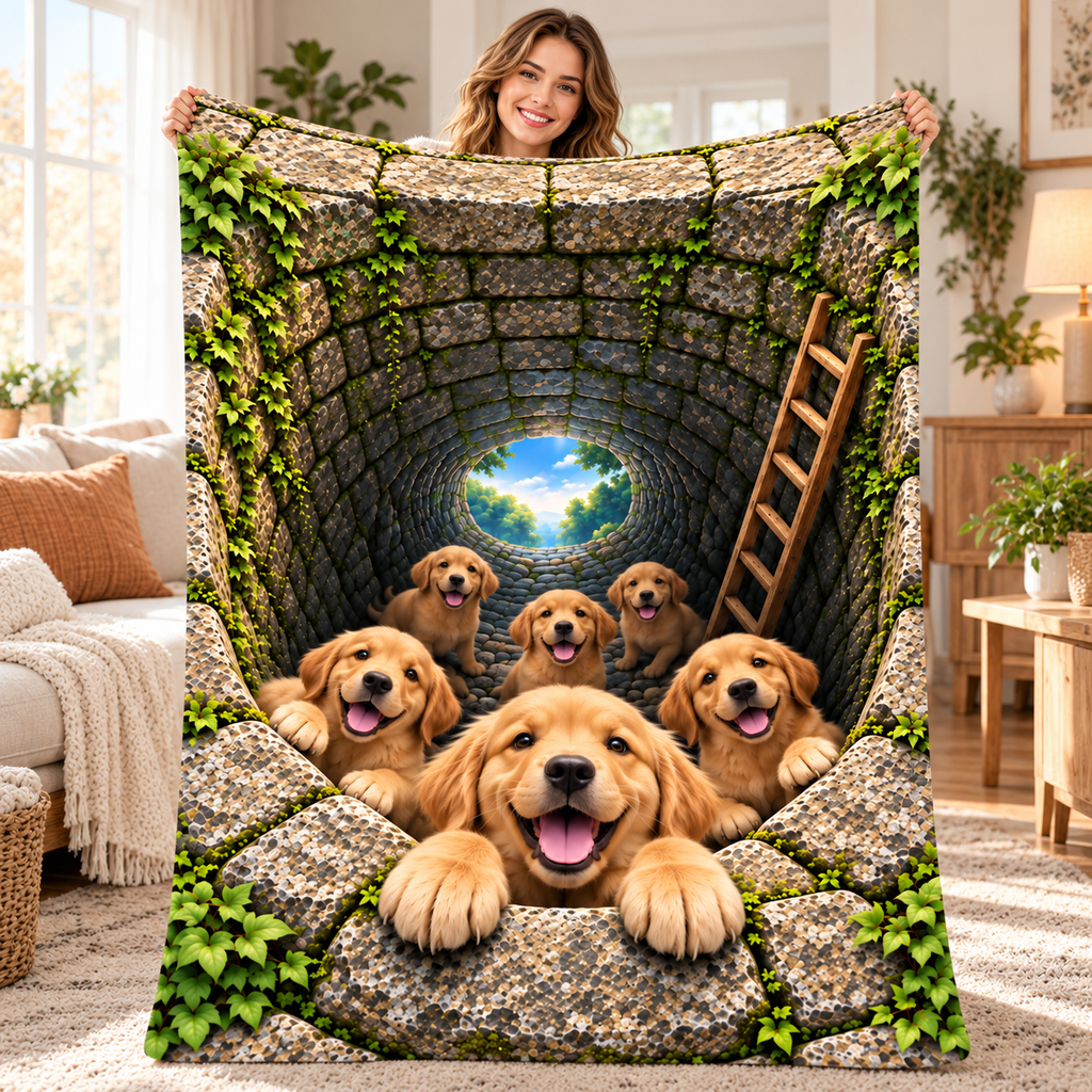 Twefex 3D-Effect Golden Retriever Blanket, Soft Flannel Throw with Cute Puppies and Optical Illusion Print, Dog Lover Gift