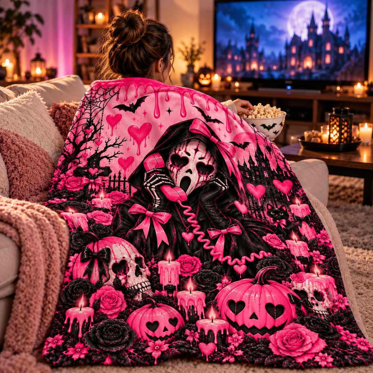 Twefex Pink Gothic Halloween Blanket, Soft Flannel Throw with Skulls, Pumpkins and Bows for Couch and Bed