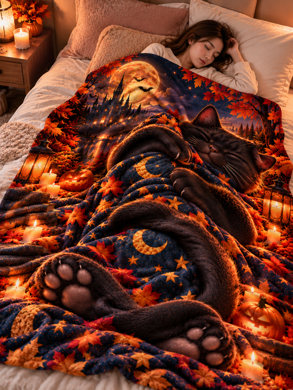 Twefex Halloween Black Cat Blanket, 3D Effect Sleeping Cat Print, Soft Flannel Throw with Moon, Castle and Pumpkins, Cat Lover Gift