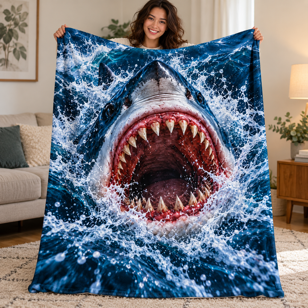 Twefex 3D-Effect Shark Blanket, Soft Flannel Throw with Realistic Shark and Blue Ocean Wave Print for Couch and Bed