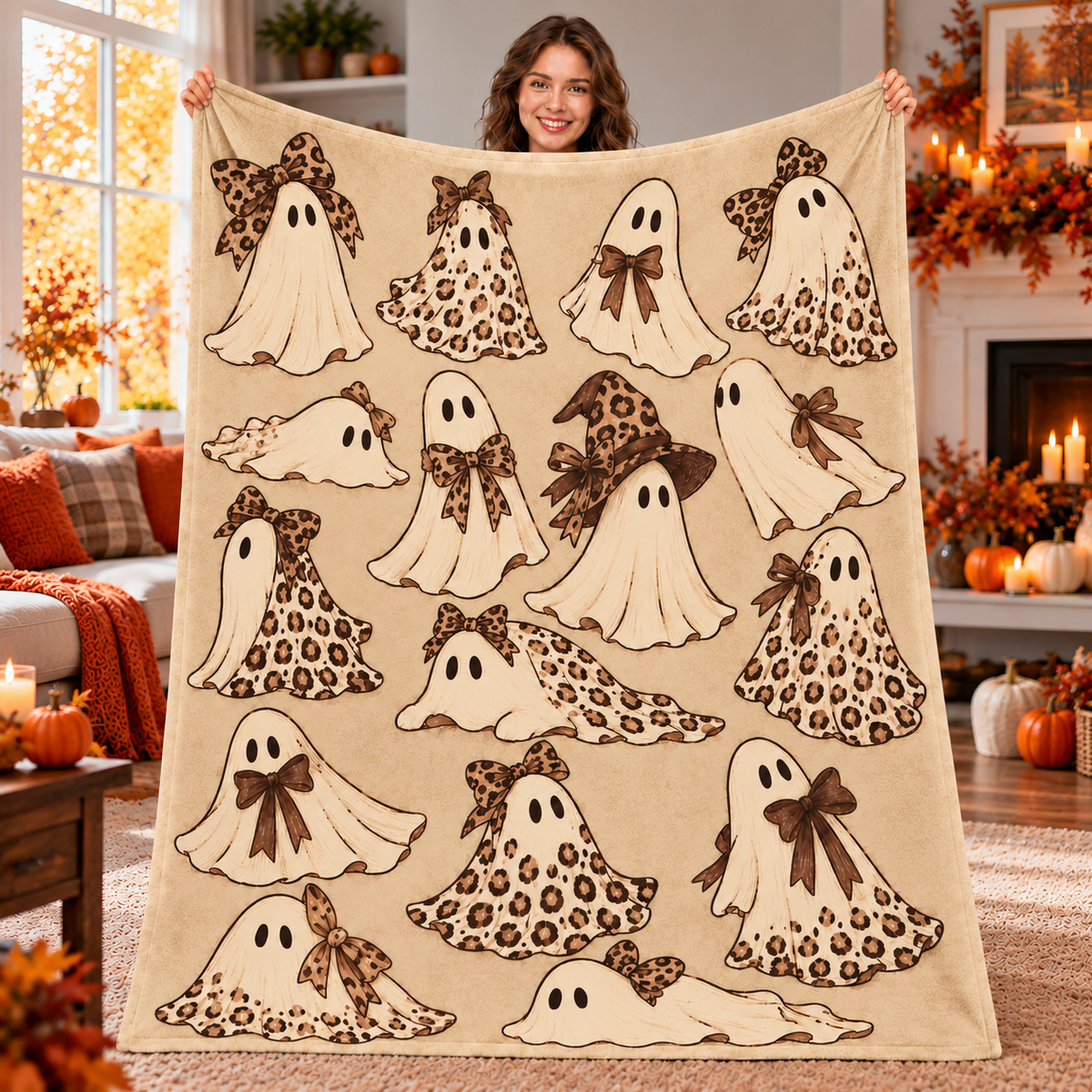 Twefex Leopard Ghost Halloween Blanket, Soft Flannel Throw with Cute Ghosts, Bows and Witch Hat Print, Neutral Fall Decor and Gift