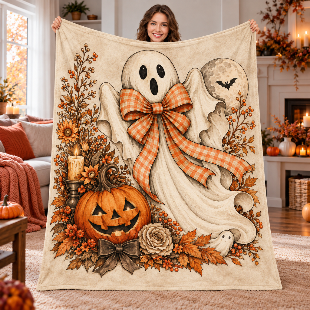 Twefex Halloween Ghost Blanket, Soft Flannel Throw with Orange Gingham Bow and Pumpkin Print, Fall Decor and Halloween Gift