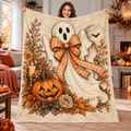 Twefex Halloween Ghost Blanket, Soft Flannel Throw with Orange Gingham Bow and Pumpkin Print, Fall Decor and Halloween Gift