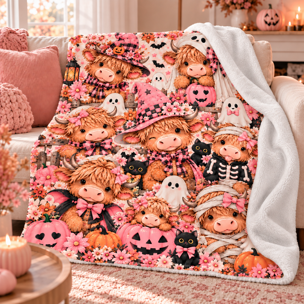 Twefex Pink Halloween Highland Cow Blanket, Soft Flannel Throw for Couch and Bed, Fall Decor Gift for Cow Lovers