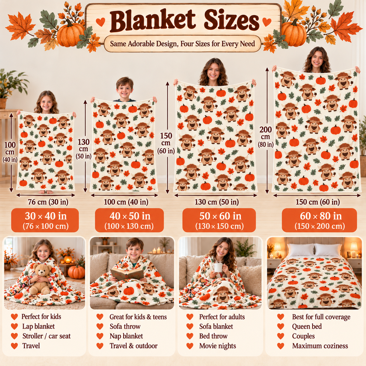 Twefex Highland Cow Fall Blanket, Soft Flannel Throw with Cute Cows, Pumpkins and Autumn Leaves, Farmhouse Decor and Cow Lover Gift