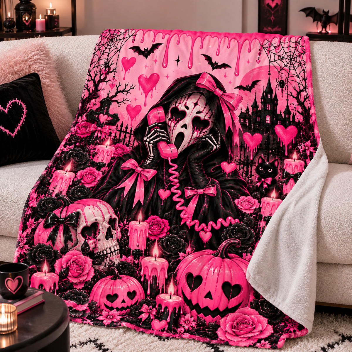 Twefex Pink Gothic Halloween Blanket, Soft Flannel Throw with Skulls, Pumpkins and Bows for Couch and Bed
