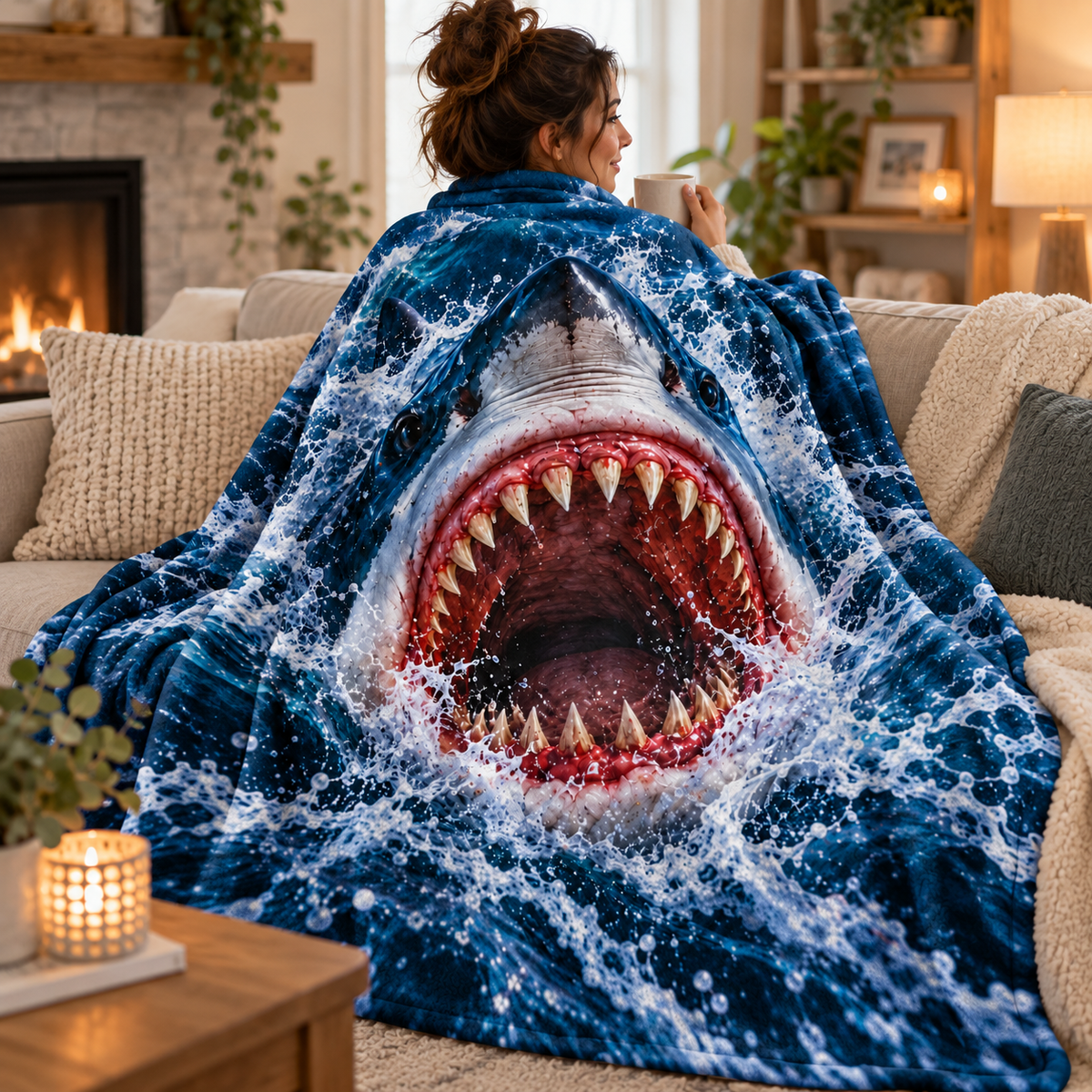 Twefex 3D-Effect Shark Blanket, Soft Flannel Throw with Realistic Shark and Blue Ocean Wave Print for Couch and Bed