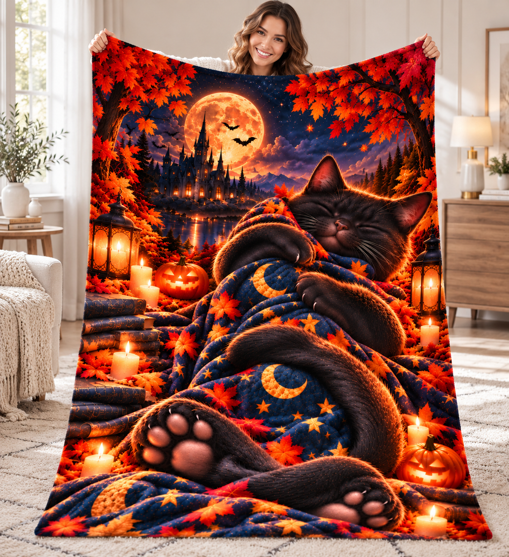 Twefex Halloween Black Cat Blanket, 3D Effect Sleeping Cat Print, Soft Flannel Throw with Moon, Castle and Pumpkins, Cat Lover Gift
