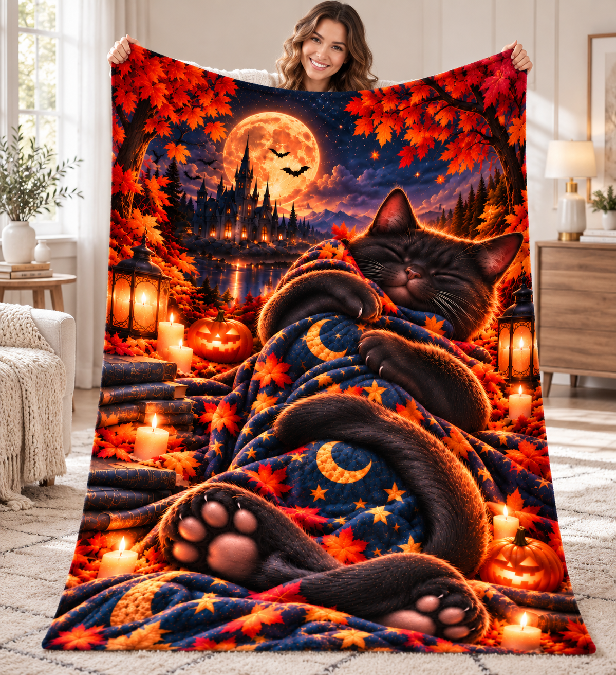 Twefex Halloween Black Cat Blanket, 3D Effect Sleeping Cat Print, Soft Flannel Throw with Moon, Castle and Pumpkins, Cat Lover Gift