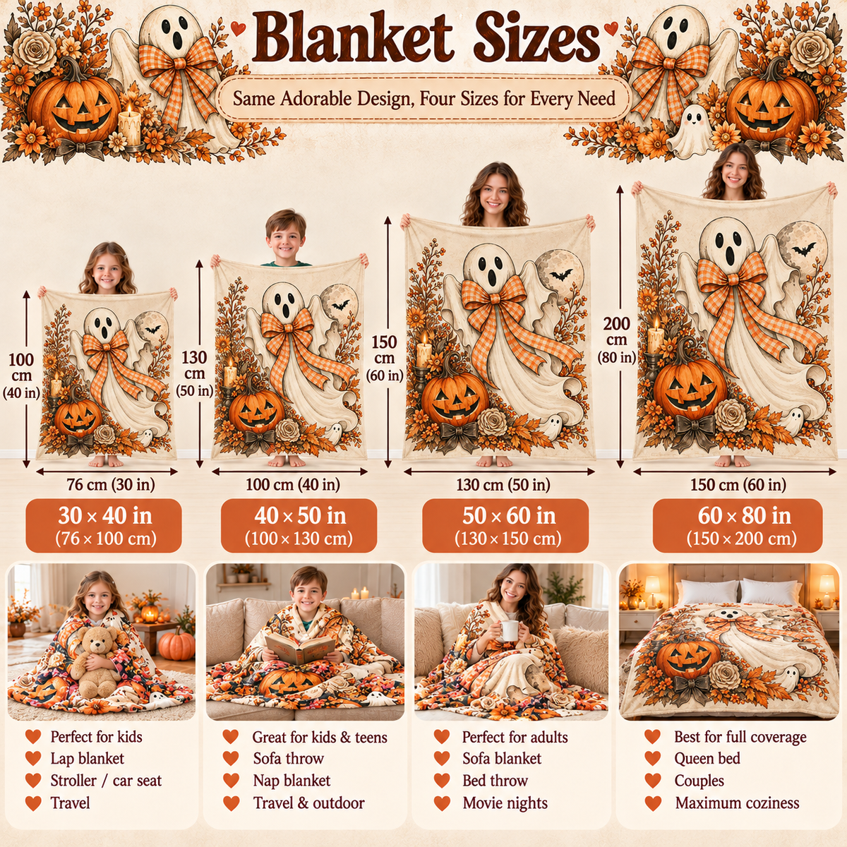Twefex Halloween Ghost Blanket, Soft Flannel Throw with Orange Gingham Bow and Pumpkin Print, Fall Decor and Halloween Gift
