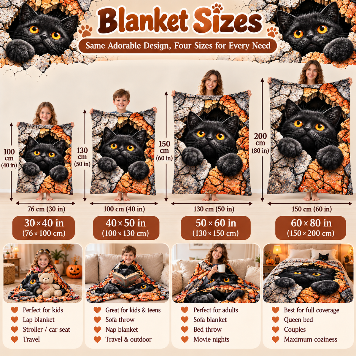 Twefex 3D-Effect Black Cat Blanket, Soft Flannel Throw with Cute Kitten and Cracked Stone Print for Couch and Bed, Cat Lover Gift