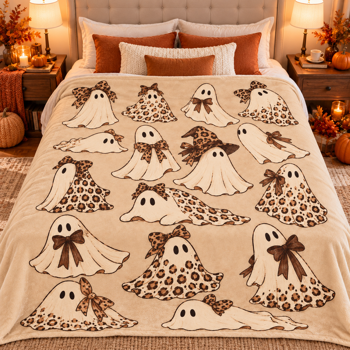 Twefex Leopard Ghost Halloween Blanket, Soft Flannel Throw with Cute Ghosts, Bows and Witch Hat Print, Neutral Fall Decor and Gift