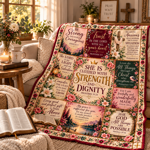 Twefex Christian Bible Verse Blanket, Soft Floral Flannel Throw with Proverbs 31:25, Inspirational Faith Gift for Women