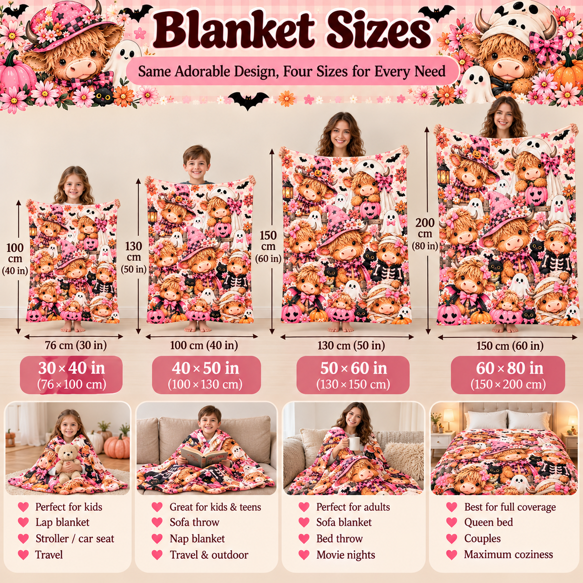 Twefex Pink Halloween Highland Cow Blanket, Soft Flannel Throw for Couch and Bed, Fall Decor Gift for Cow Lovers