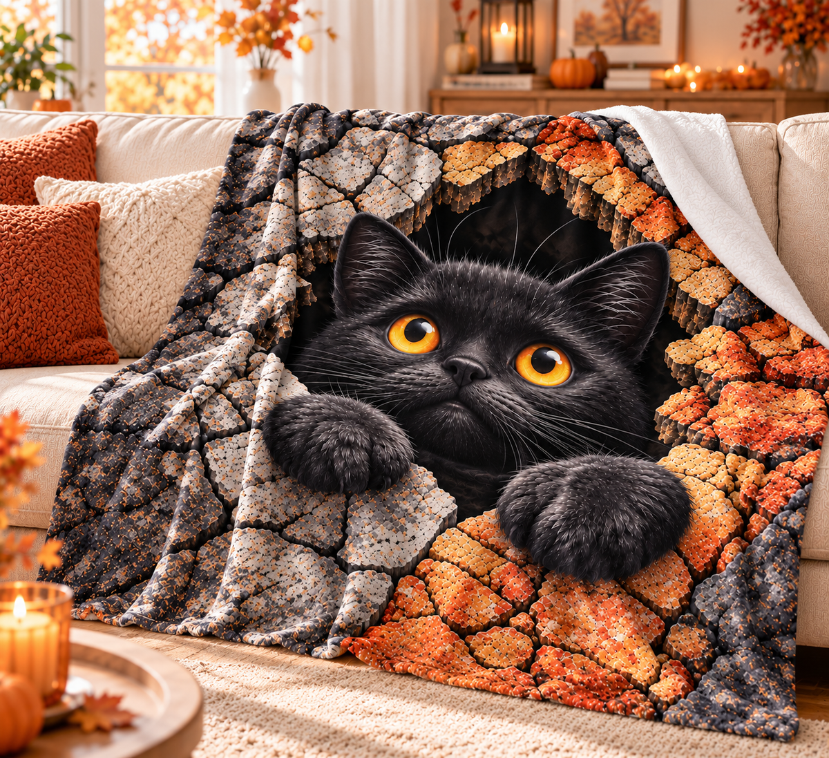 Twefex 3D-Effect Black Cat Blanket, Soft Flannel Throw with Cute Kitten and Cracked Stone Print for Couch and Bed, Cat Lover Gift