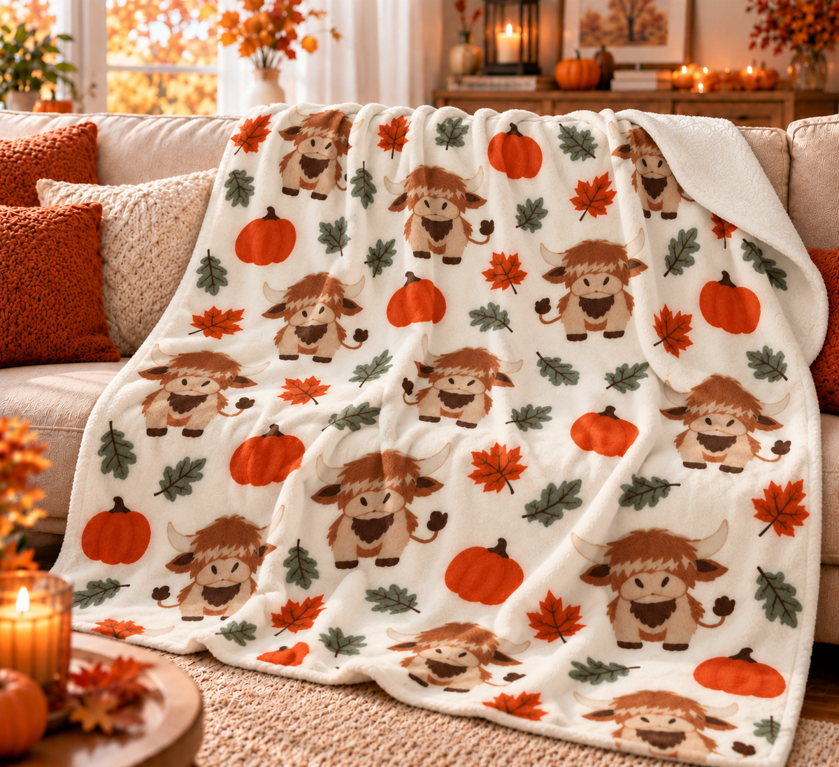 Twefex Highland Cow Fall Blanket, Soft Flannel Throw with Cute Cows, Pumpkins and Autumn Leaves, Farmhouse Decor and Cow Lover Gift