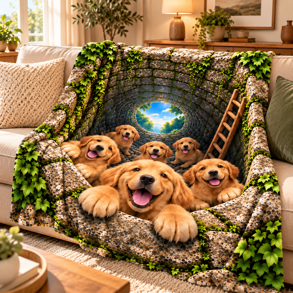 Twefex 3D-Effect Golden Retriever Blanket, Soft Flannel Throw with Cute Puppies and Optical Illusion Print, Dog Lover Gift