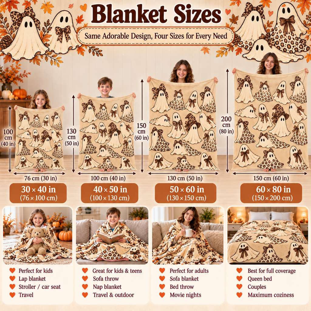Twefex Leopard Ghost Halloween Blanket, Soft Flannel Throw with Cute Ghosts, Bows and Witch Hat Print, Neutral Fall Decor and Gift