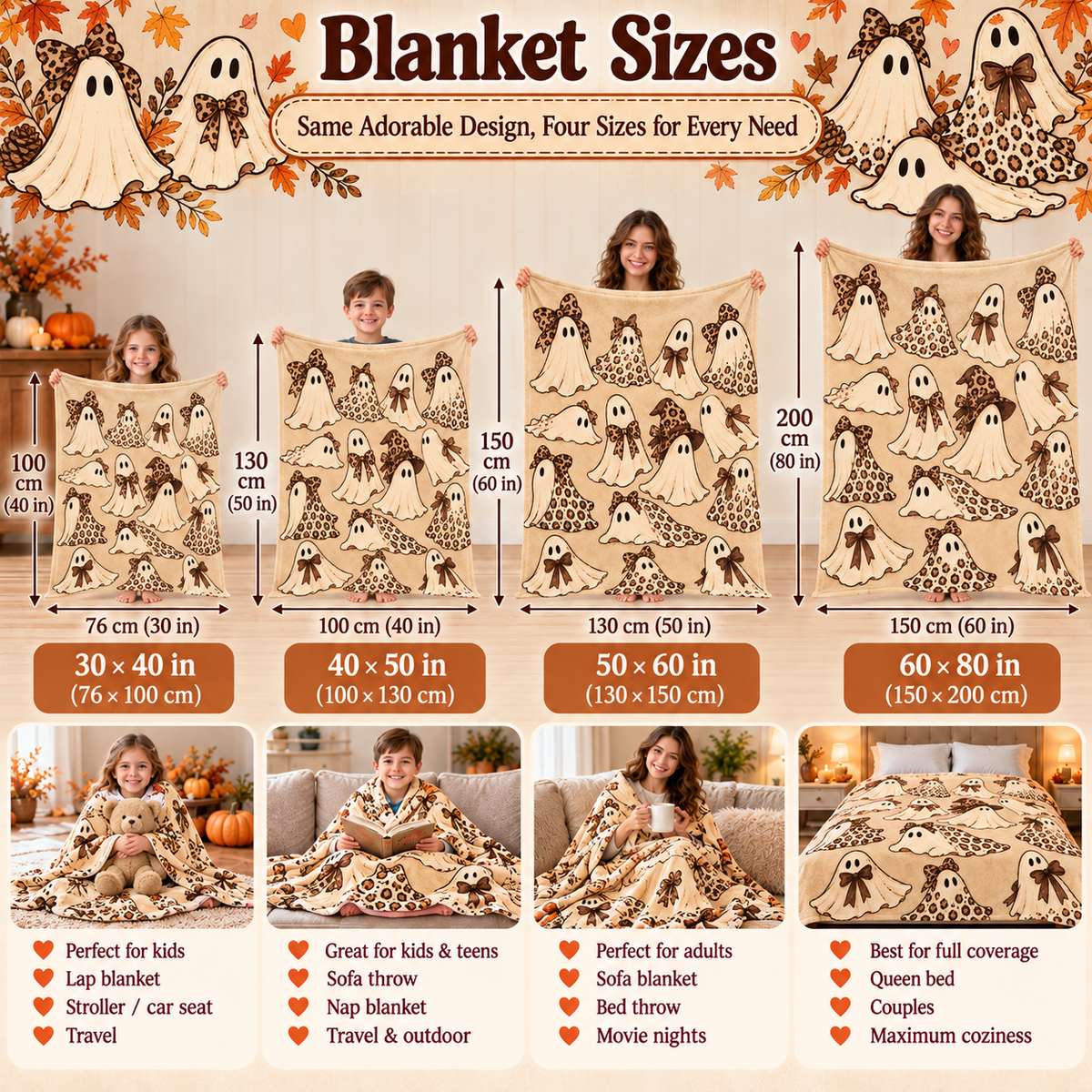 Twefex Leopard Ghost Halloween Blanket, Soft Flannel Throw with Cute Ghosts, Bows and Witch Hat Print, Neutral Fall Decor and Gift