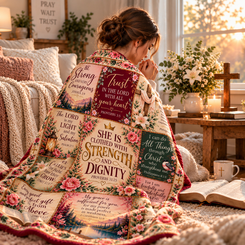 Twefex Christian Bible Verse Blanket, Soft Floral Flannel Throw with Proverbs 31:25, Inspirational Faith Gift for Women