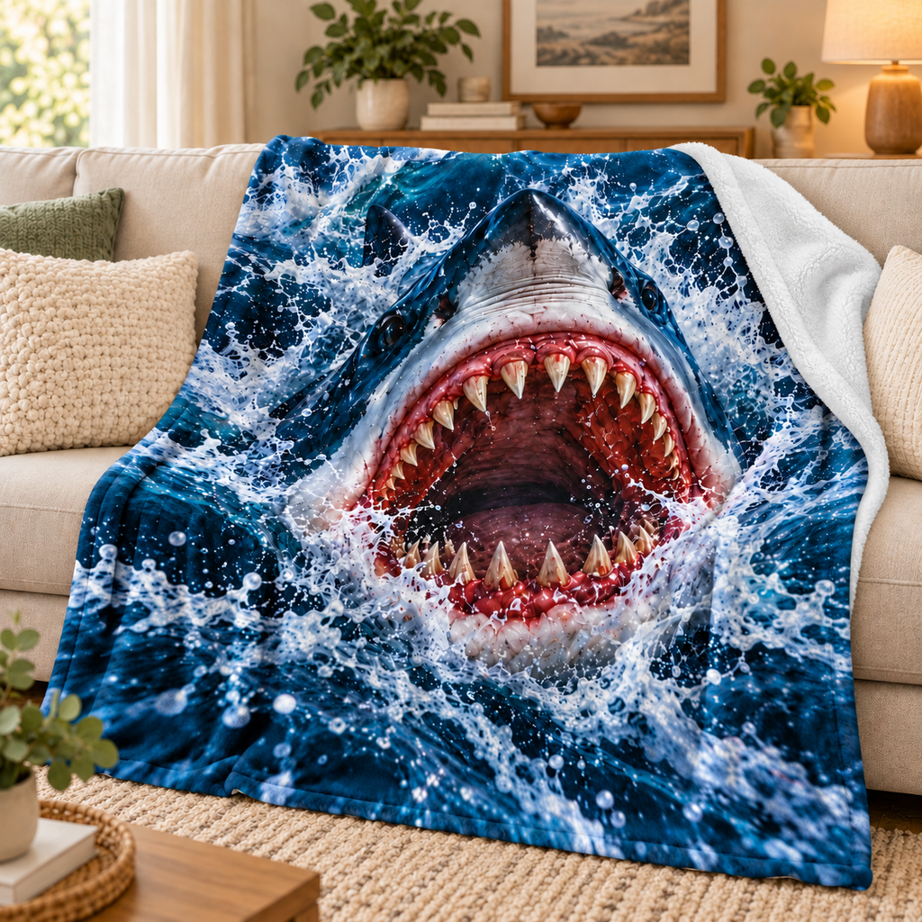Twefex 3D-Effect Shark Blanket, Soft Flannel Throw with Realistic Shark and Blue Ocean Wave Print for Couch and Bed