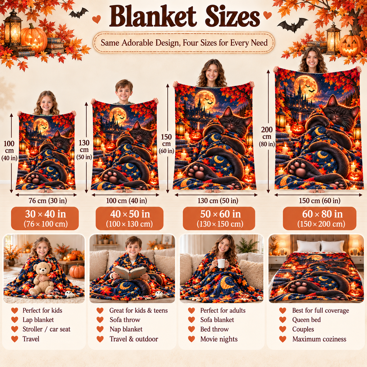 Twefex Halloween Black Cat Blanket, 3D Effect Sleeping Cat Print, Soft Flannel Throw with Moon, Castle and Pumpkins, Cat Lover Gift