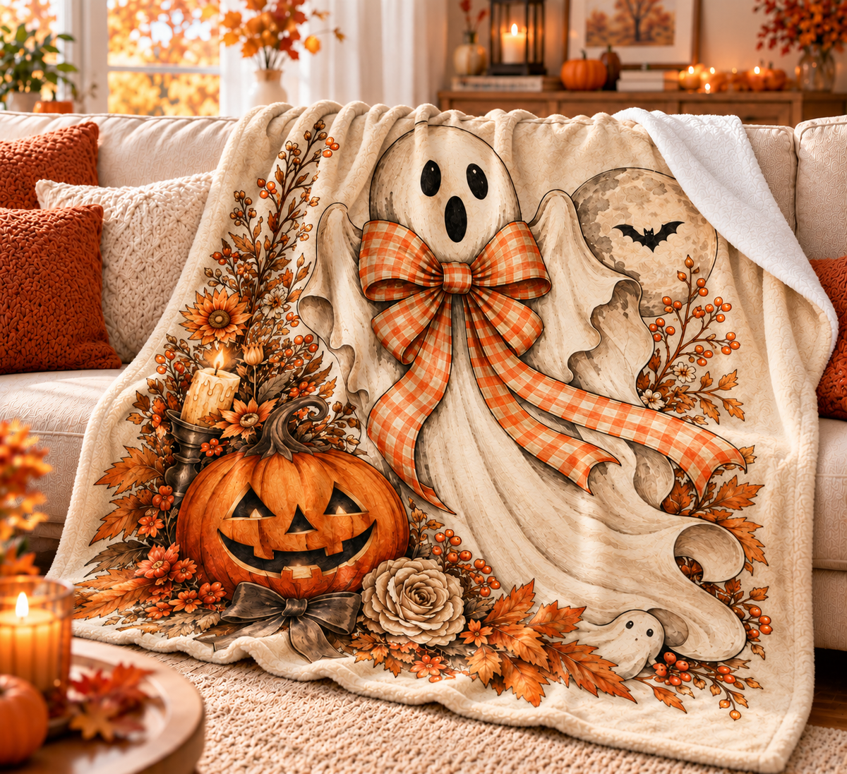 Twefex Halloween Ghost Blanket, Soft Flannel Throw with Orange Gingham Bow and Pumpkin Print, Fall Decor and Halloween Gift