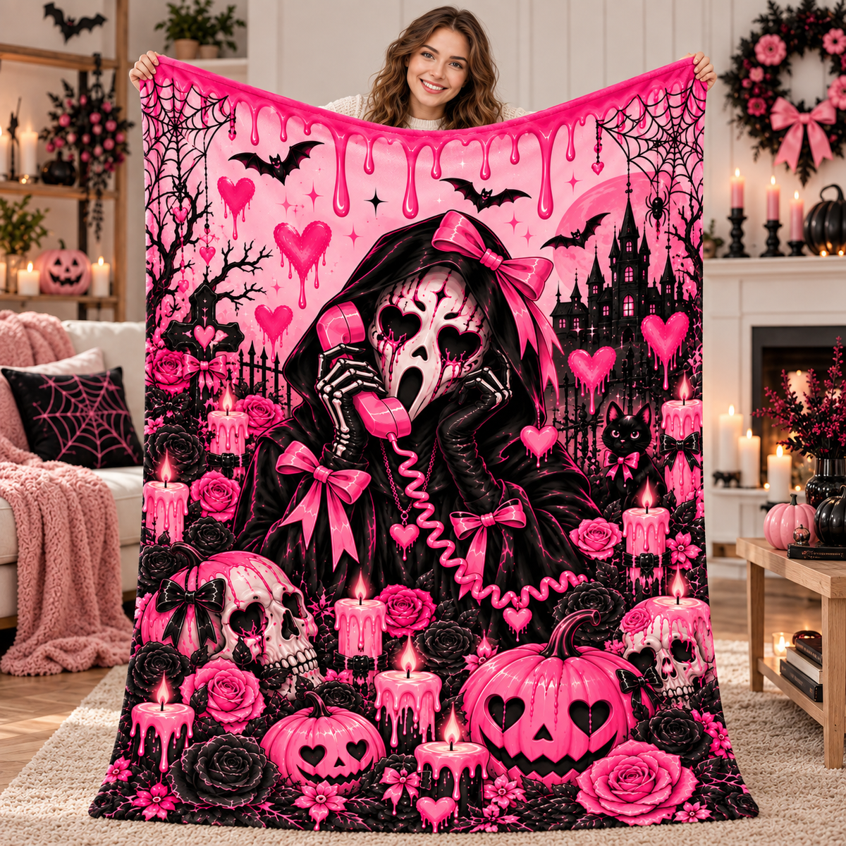 Twefex Pink Gothic Halloween Blanket, Soft Flannel Throw with Skulls, Pumpkins and Bows for Couch and Bed