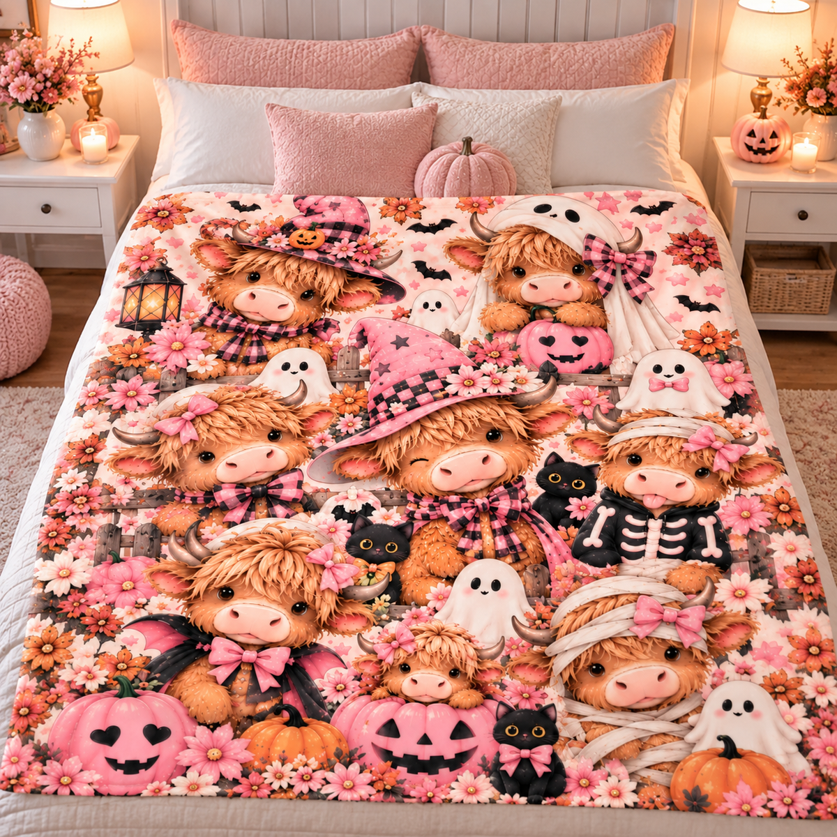 Twefex Pink Halloween Highland Cow Blanket, Soft Flannel Throw for Couch and Bed, Fall Decor Gift for Cow Lovers