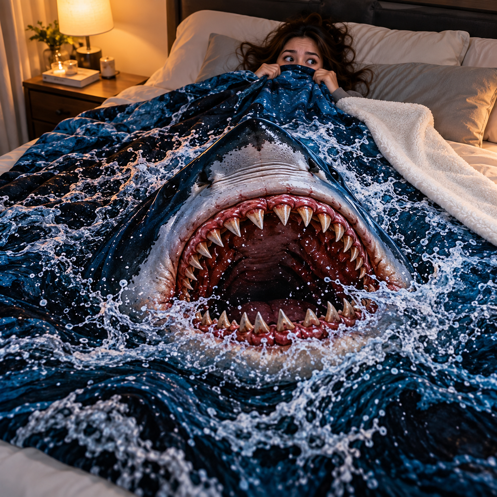 Twefex 3D-Effect Shark Blanket, Soft Flannel Throw with Realistic Shark and Blue Ocean Wave Print for Couch and Bed