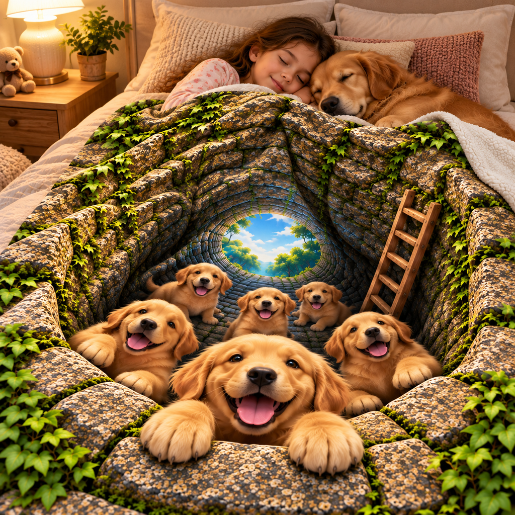 Twefex 3D-Effect Golden Retriever Blanket, Soft Flannel Throw with Cute Puppies and Optical Illusion Print, Dog Lover Gift