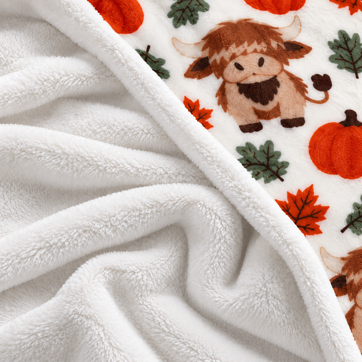 Twefex Highland Cow Fall Blanket, Soft Flannel Throw with Cute Cows, Pumpkins and Autumn Leaves, Farmhouse Decor and Cow Lover Gift