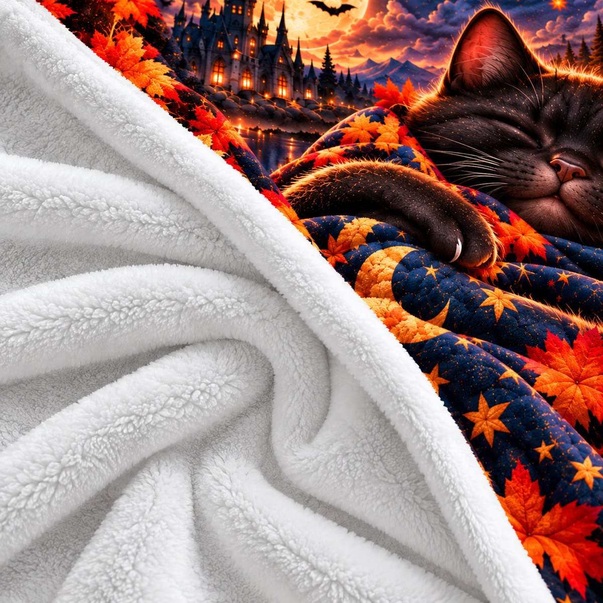 Twefex Halloween Black Cat Blanket, 3D Effect Sleeping Cat Print, Soft Flannel Throw with Moon, Castle and Pumpkins, Cat Lover Gift