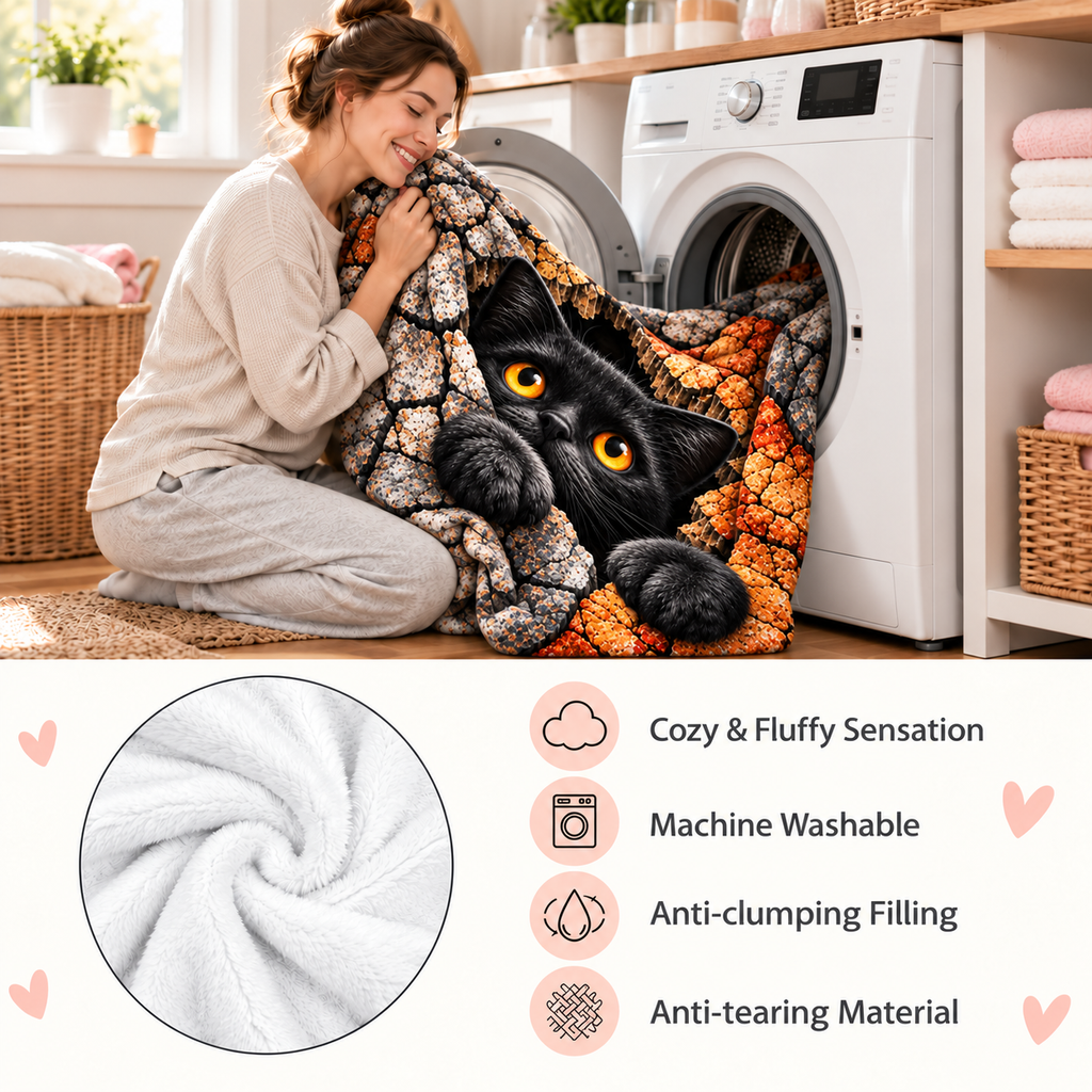 Twefex 3D-Effect Black Cat Blanket, Soft Flannel Throw with Cute Kitten and Cracked Stone Print for Couch and Bed, Cat Lover Gift