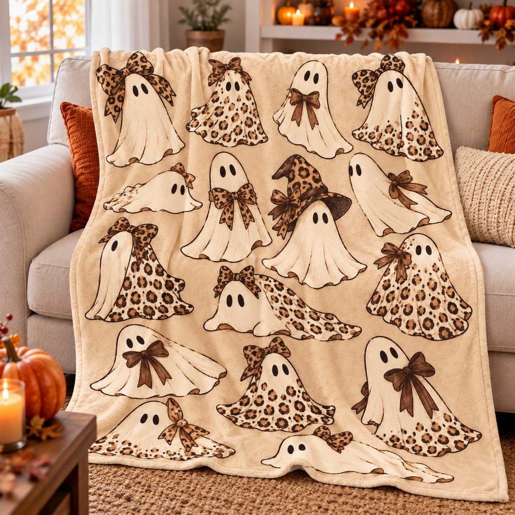 Twefex Leopard Ghost Halloween Blanket, Soft Flannel Throw with Cute Ghosts, Bows and Witch Hat Print, Neutral Fall Decor and Gift