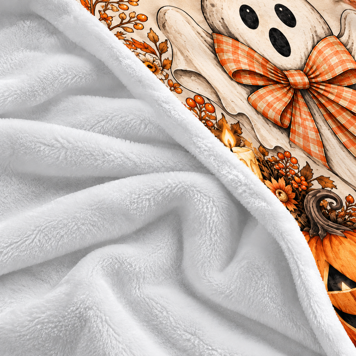 Twefex Halloween Ghost Blanket, Soft Flannel Throw with Orange Gingham Bow and Pumpkin Print, Fall Decor and Halloween Gift