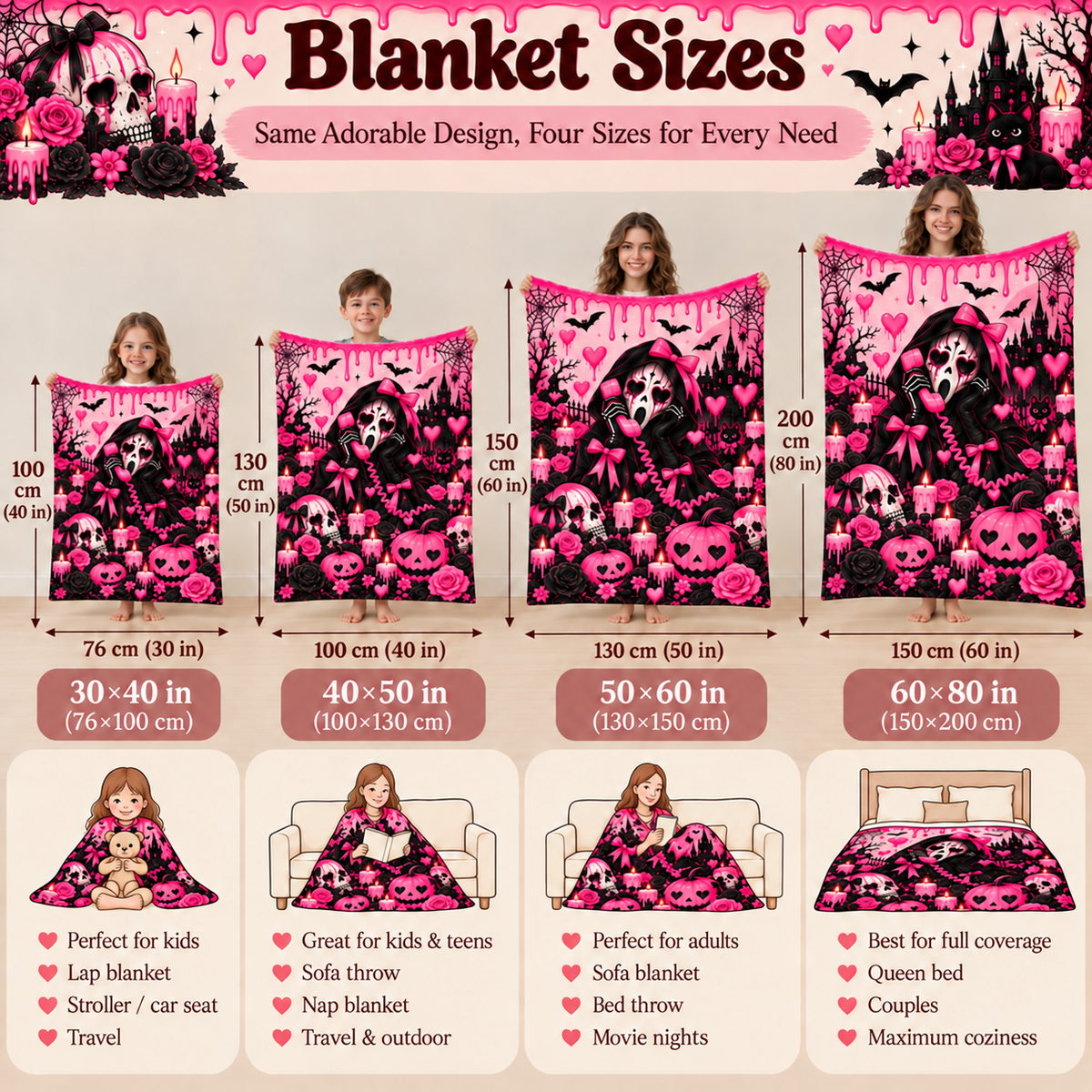 Twefex Pink Gothic Halloween Blanket, Soft Flannel Throw with Skulls, Pumpkins and Bows for Couch and Bed