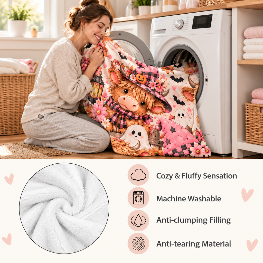 Twefex Pink Halloween Highland Cow Blanket, Soft Flannel Throw for Couch and Bed, Fall Decor Gift for Cow Lovers