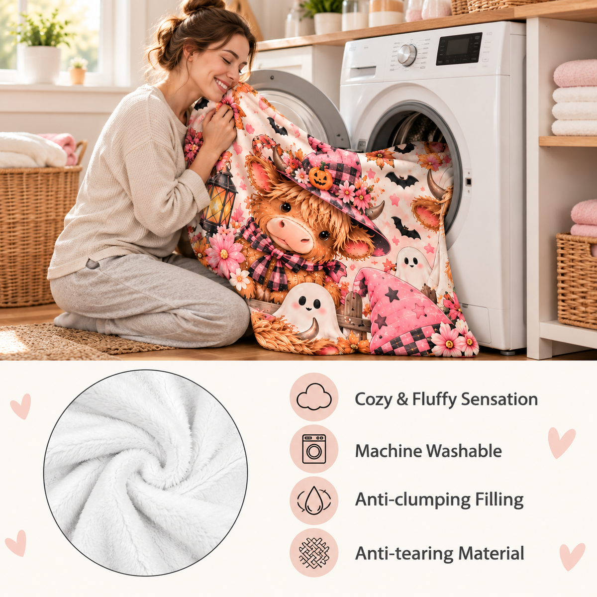 Twefex Pink Halloween Highland Cow Blanket, Soft Flannel Throw for Couch and Bed, Fall Decor Gift for Cow Lovers