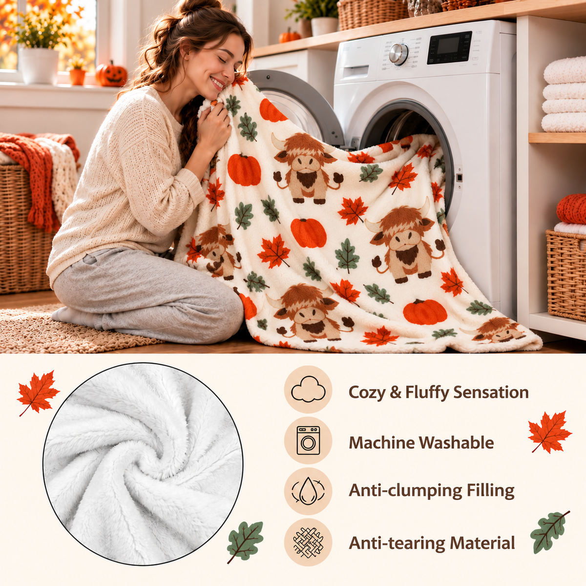 Twefex Highland Cow Fall Blanket, Soft Flannel Throw with Cute Cows, Pumpkins and Autumn Leaves, Farmhouse Decor and Cow Lover Gift