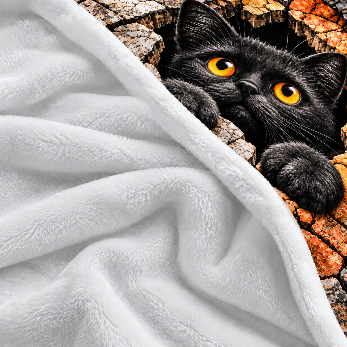 Twefex 3D-Effect Black Cat Blanket, Soft Flannel Throw with Cute Kitten and Cracked Stone Print for Couch and Bed, Cat Lover Gift