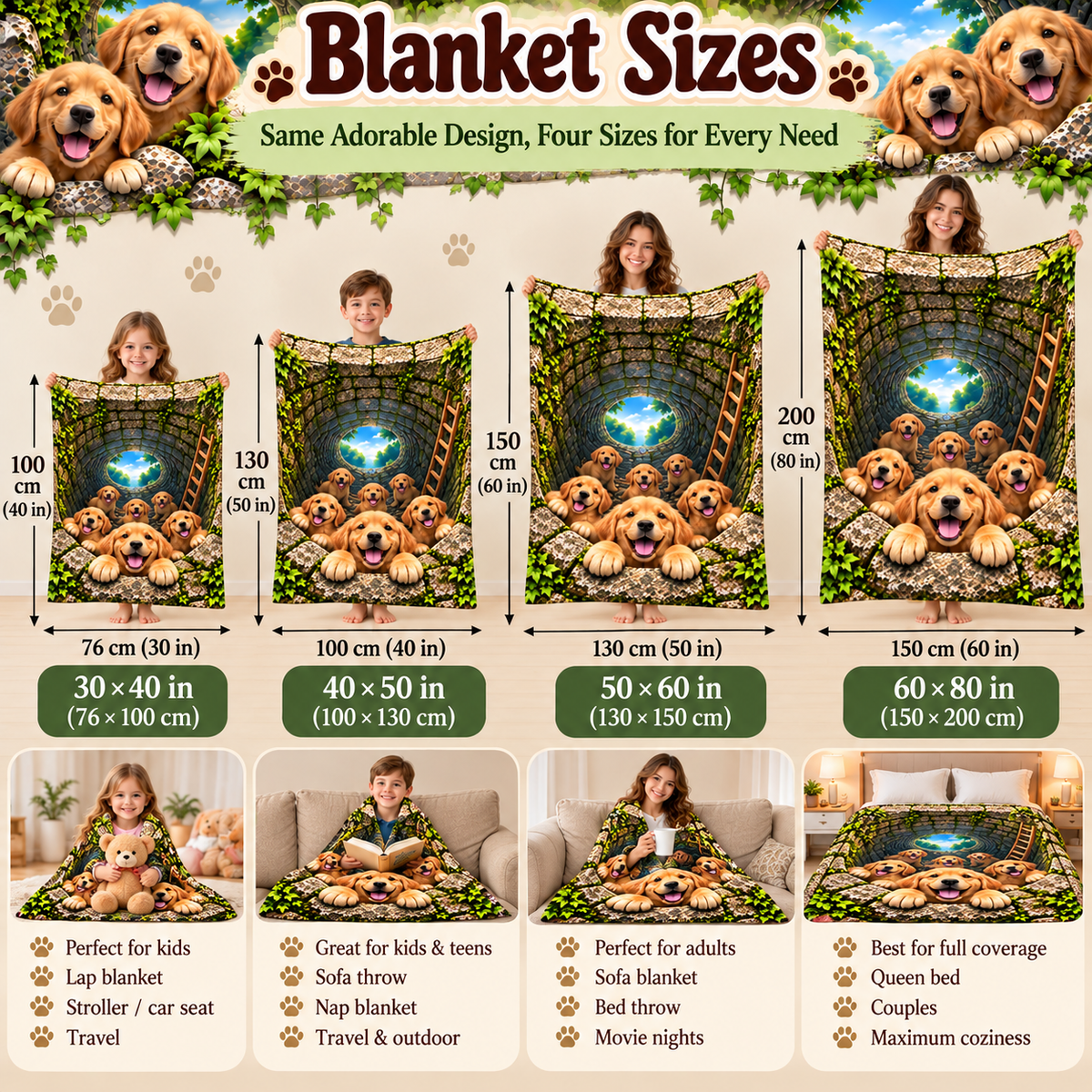 Twefex 3D-Effect Golden Retriever Blanket, Soft Flannel Throw with Cute Puppies and Optical Illusion Print, Dog Lover Gift