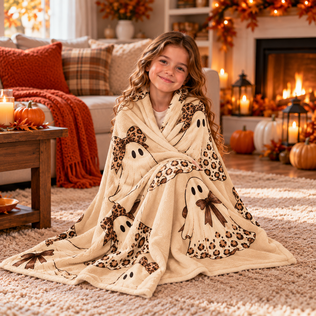Twefex Leopard Ghost Halloween Blanket, Soft Flannel Throw with Cute Ghosts, Bows and Witch Hat Print, Neutral Fall Decor and Gift