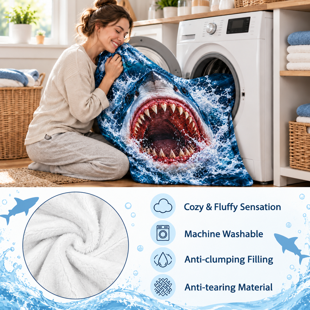 Twefex 3D-Effect Shark Blanket, Soft Flannel Throw with Realistic Shark and Blue Ocean Wave Print for Couch and Bed