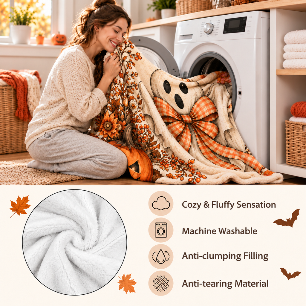 Twefex Halloween Ghost Blanket, Soft Flannel Throw with Orange Gingham Bow and Pumpkin Print, Fall Decor and Halloween Gift